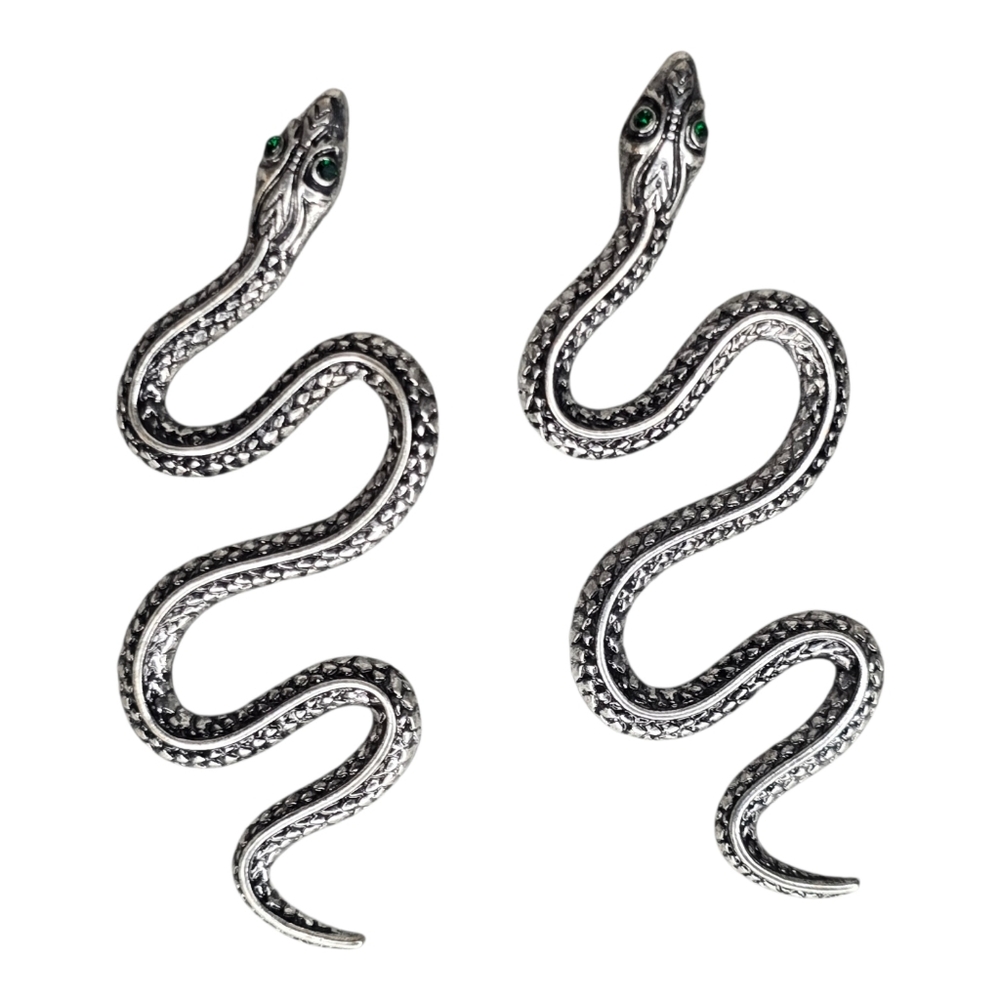 Silver Serpent Snake Green Rhinestone Crystal Eyes Earrings Boho Glam Bold Gothi